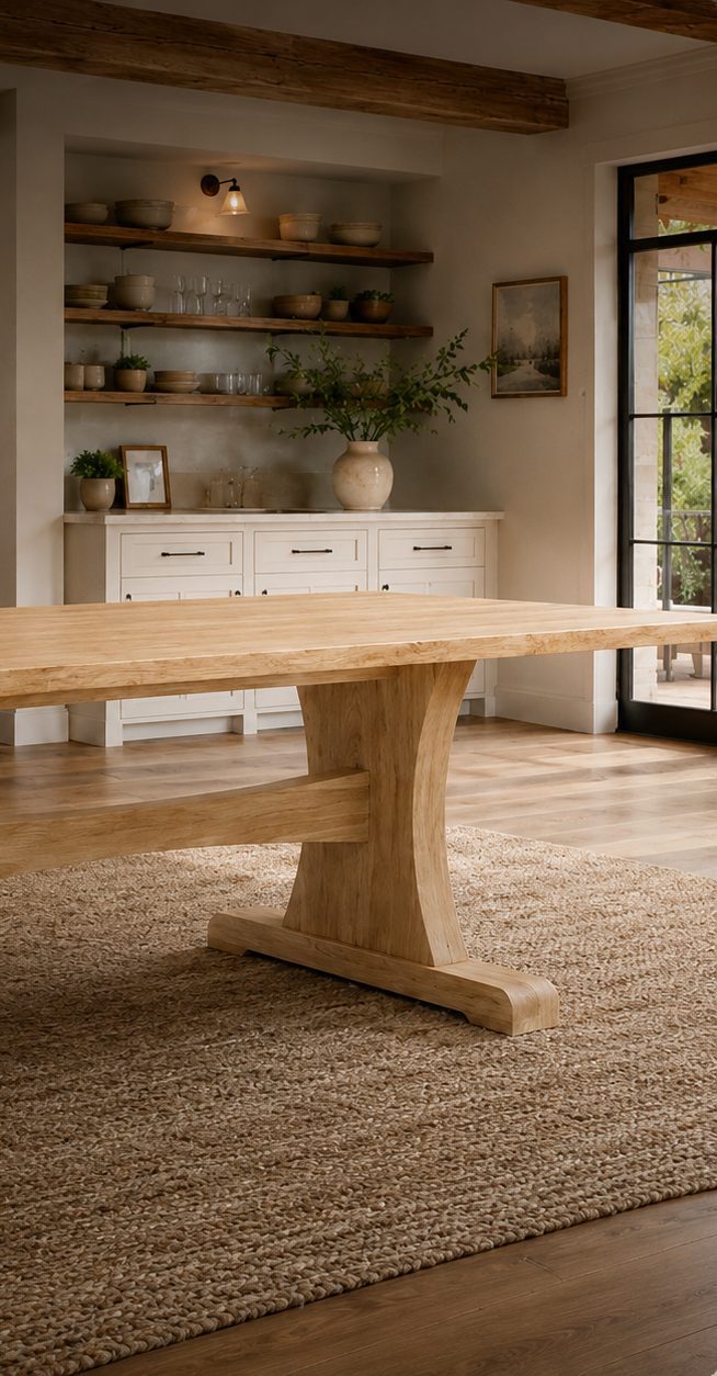 Handcrafted light oak trestle dining table in an Arkansas home