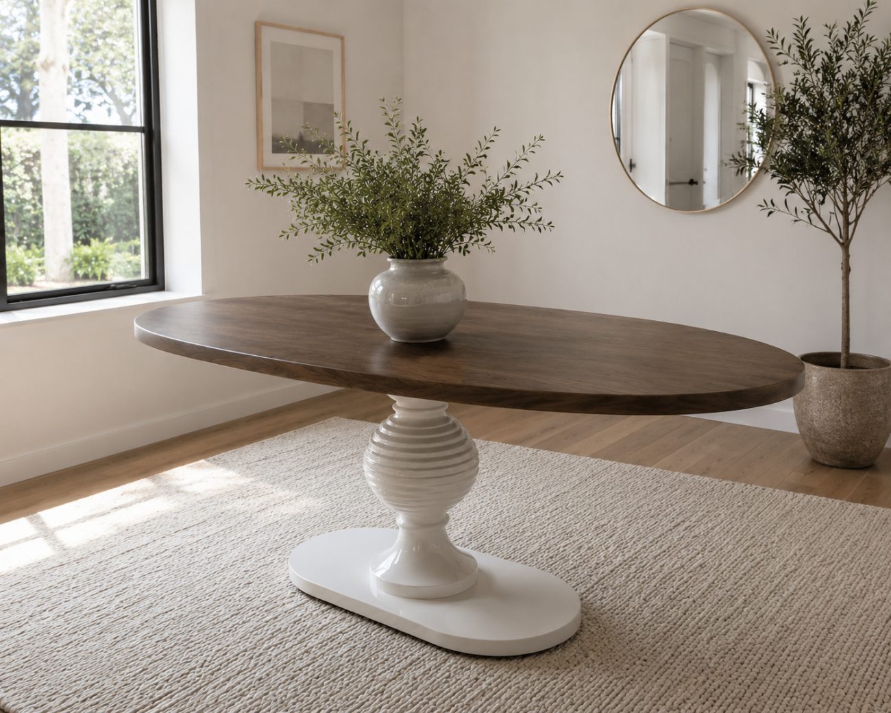 Oval walnut dining table on a glossy white turned pedestal
