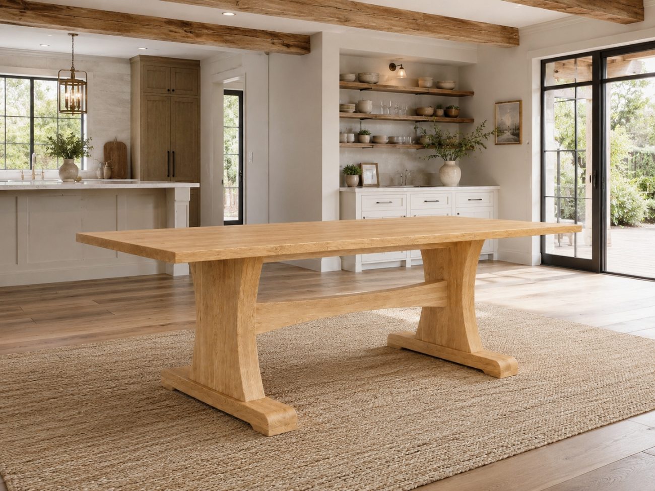 Dark walnut trestle table beneath hand-hammered pendants and vaulted beams
