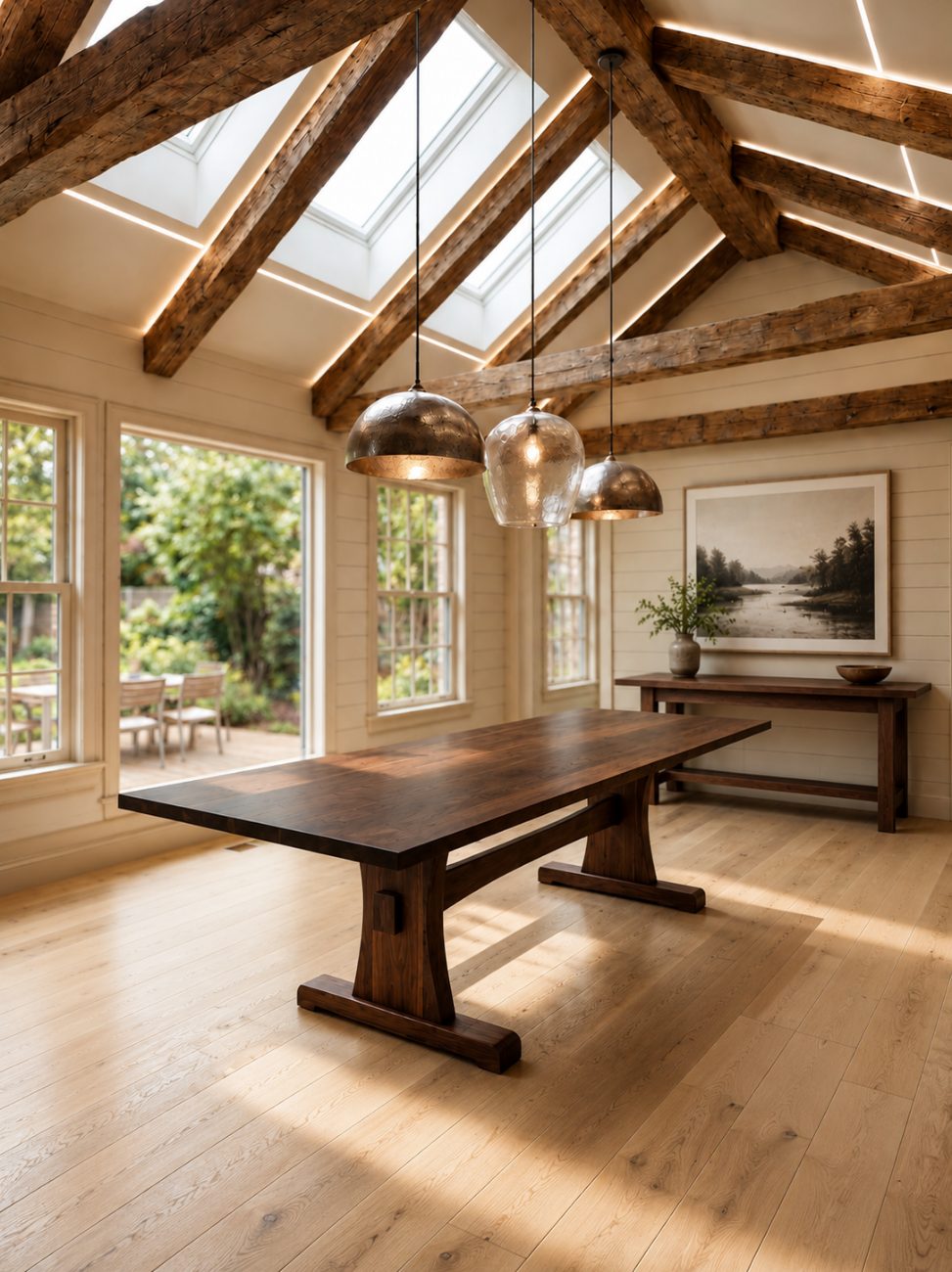 Dark walnut trestle table under candle chandeliers in an open great room