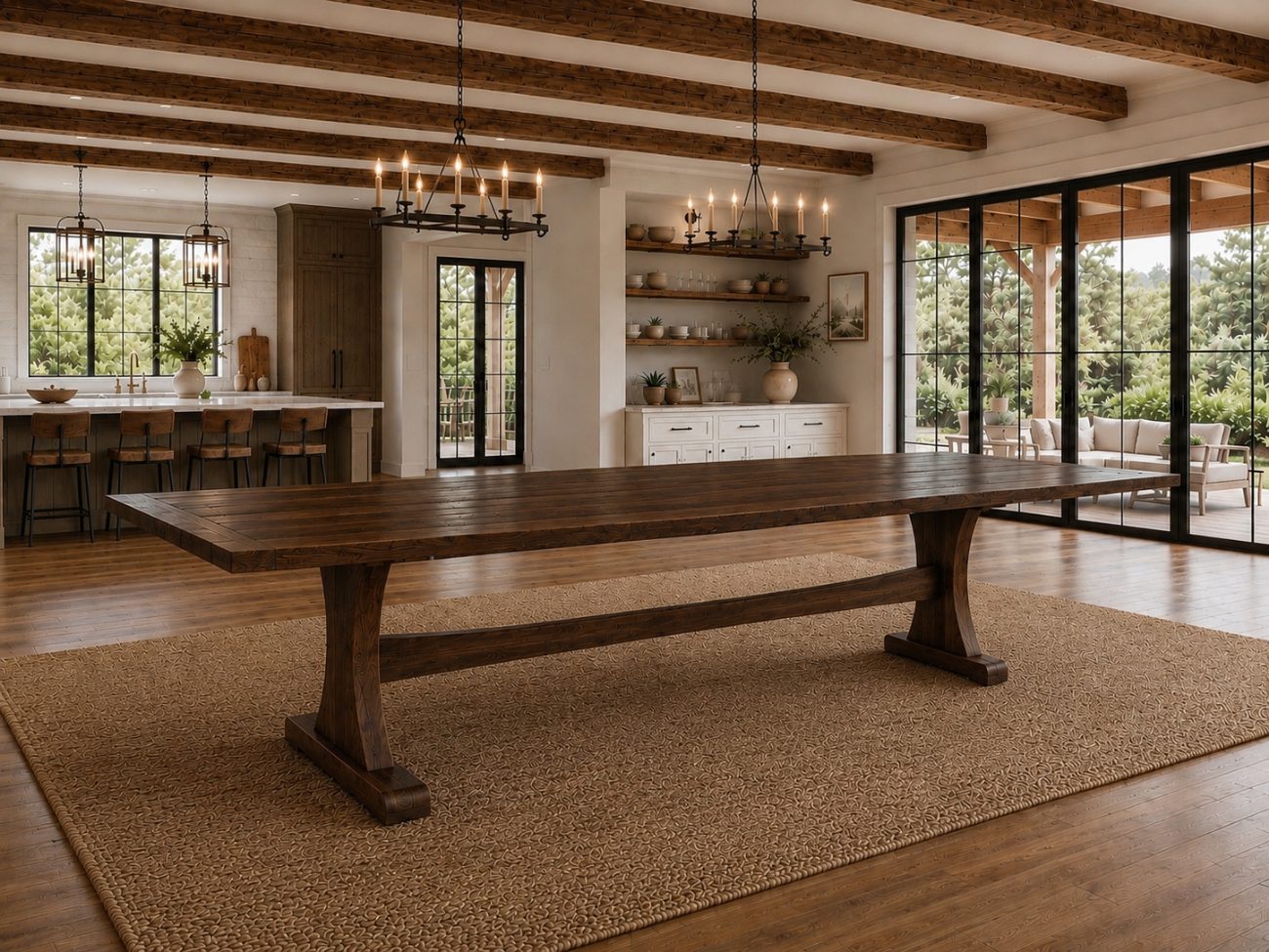 Natural white-oak trestle table in a bright beamed dining room