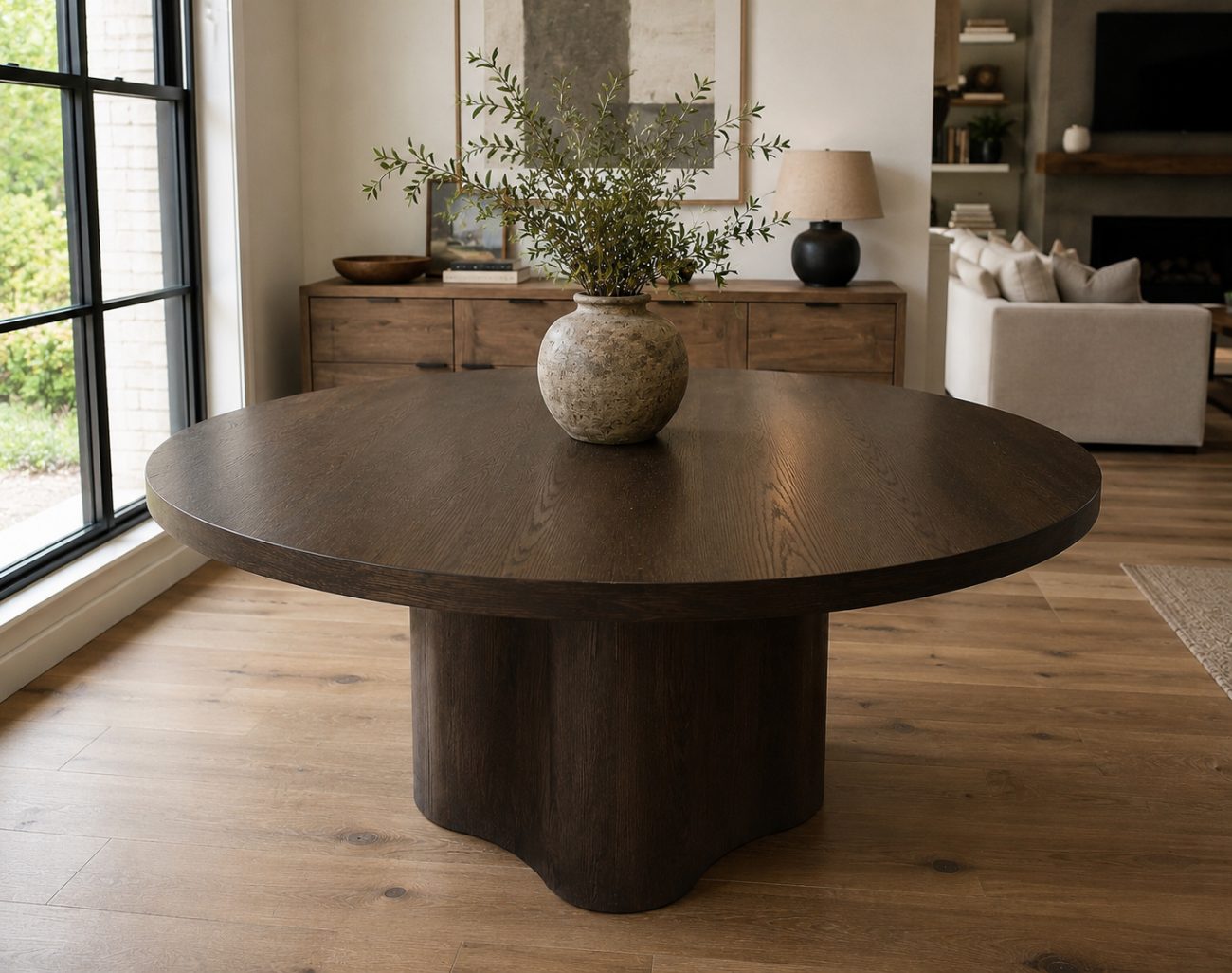 Round dark-oak dining table on a wave-form pedestal base